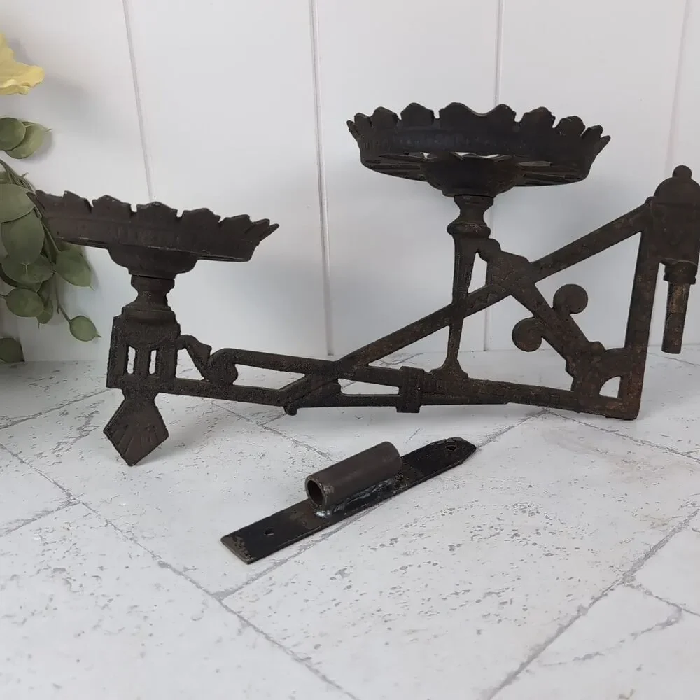 Eastlake Antique Cast Iron Plant Oil Lamp Double Wall Bracket With Mount Rustic